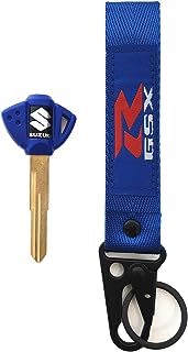 Motorcycle Key Blank Uncut Blade For Suzuki GSXR 600 750 1000 GSX1300R GSF 650 with Key Chain Embroidered Tag Key Ring (Blue)