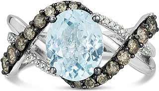 LeVian 14K White Gold, Oval Blue Topaz & 2/3 Cttw White/Chocolate Diamond Crossover Fashion Ring (H-I & Fancy Brown Color, SI2-I1 Clarity) - Size 7