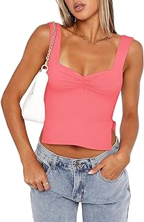 REORIA Women Sexy Ruched Sweetheart Neck Backless Sleeveless Side Split Going Out Y2K Trendy Cropped Tank Tops