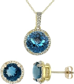 Silver City Jewelry 10K Yellow Gold Diamond Natural London Blue Topaz 7mm Earrings & 11mm Pendant Round Set