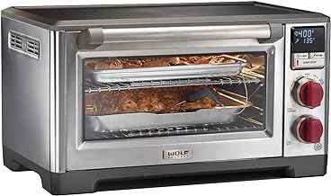 Wolf Gourmet Elite Digital Countertop Convection Toaster Oven with Temperature Probe, Stainless Steel and Red Knobs (WGCO150S)