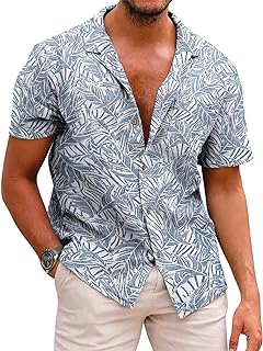 COOFANDY Men's Hawaiian Floral Cotton Linen Button Down Tropical Holiday Beach Shirts