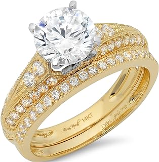 Clara Pucci 2.10ct Round Cut Pave Solitaire with Accent Stunning Genuine Moissanite & Simulated Diamond Engagement Promise Statement Anniversary Bridal Wedding Ring Band set Solid 14k 2 Tone Gold