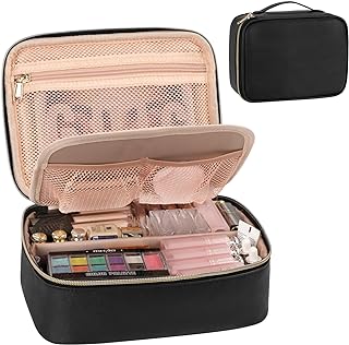 OCHEAL Makeup Bag, Cute Makeup Organizer Bag Potable Make up Bag for Toiletry Cosmetics Accessories with Divider and Brushes Compartments, Makeup Travel Case Cosmetic Bags Women and Girls-Black