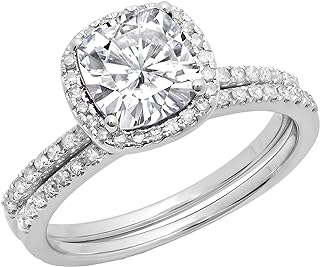 Dazzlingrock Collection Cushion Lab Created White Sapphire & Round Natural White Diamond Bridal Halo Engagement Ring Set, 10K Gold
