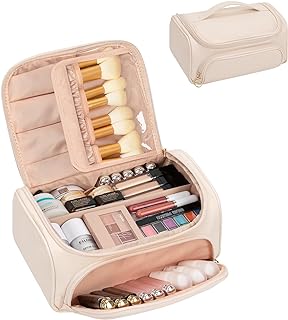 CUBETASTIC Make Up Bag, Large Capacity Cosmetic Bag for Travel, Portable Makeup Bags for Women, 2 in 1 Leather Makeup Case Organizer Storage with Makeup Brush Compartment, Beige