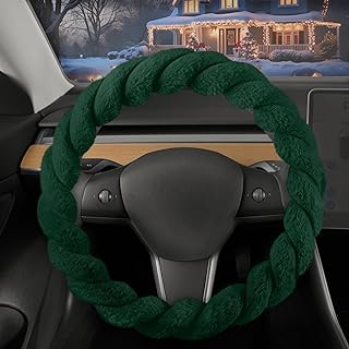 Carbella Twisted Fur Holiday Green Steering Wheel Cover, Standard 15 Inch Size Fits Most Vehicles, Fuzzy Fluffy Car Steering Cover with Soft Faux Fur Touch, Car Accessories for Women