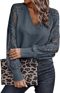 Trendy Queen Womens V Neck Puff Lace Long Sleeve Crochet Hollow Out Long Sleeve Shirts Sexy Casual Tunic Tops Loose Blouses