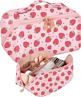 Bistup Makeup Bag Travel Cosmetic Bag Toiletry Make Up Bags Cute Women Large Capacity Big Medium Leather Strawberry Portable Teen Girls Teenage Kawaii Square Foldable Expandable Compact Open Flat Zip