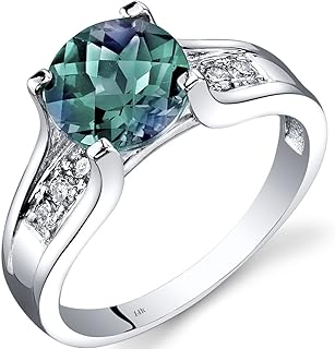 Peora Created Alexandrite and Genuine Diamond Cathedral Ring for Women in 14K White Gold, Color Changing 2.25 Carats Round Shape 8mm, Comfort Fit, Sizes 5 to 9