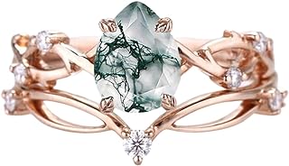 Aihpos 1 Carat Pear Shaped Moss Agate Rings For Women Twisted Natural Moss Agate Engagement Ring Set Unique Moss Agate Jewelry 925 Sterling Silver 10K 14K 18K Gold Wedding Promise Ring
