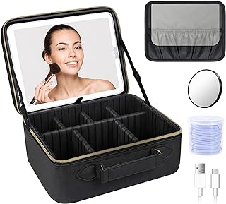 JUSRON Travel Makeup Bag Cosmetic Bag Makeup Organizer Bag with Lighted Mirror 3 Color Scenarios Adjustable Brightness, Detachable Waterproof Makeup Train Case,Gift for Women (Black)