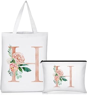 2 Pcs Brides Canvas Tote Bags for Wedding Bridesmaid Flower Makeup Bags Bridal Shower Gifts Cosmetic Bag for Women Girl Bridal Shower Party Wedding Tote Shoulder Bags with Zipper(Letter H)