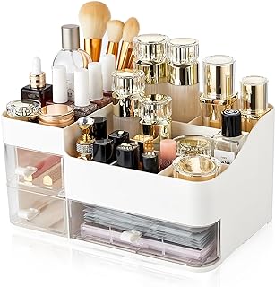 RAVINTE DECOR Sleek Makeup Organizer Vanity Organizer with Pull Out Drawer Large Capacity Cosmetic Storage Makeup Brush Holder Organizer for Bathroom Compact Cosmetic Display Case for Bedroom