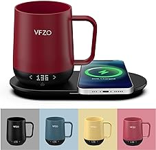 VFZO Temperature Control Smart Mug, Self Heating Coffee Mug LED Display, 180 Min Battery Life - Hot up to 149℉ Fast Wireless Charger Base Improved Design (12oz, Burgundy)