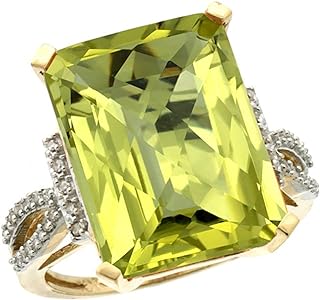 Silver City Jewelry 10K Yellow Gold Diamond Natural Lemon Quartz Ring Emerald-Cut 16x12mm, Sizes 5-10