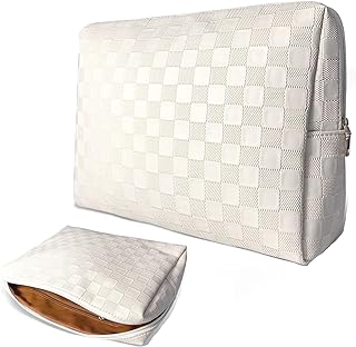 vhivhias Checkered Makeup Bag, Portabel Leather Large Cosmetic Bag,Large Capacity Travel Cosmetic Bag for Women, Lightweight Design and Waterproof Toiletries Bag White