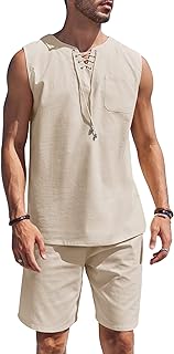 COOFANDY Mens Linen Sets Outfits 2 Piece Beach Drawstring Tank Tops Sleeveless Shirt Matching Shorts Set Hippie Wedding