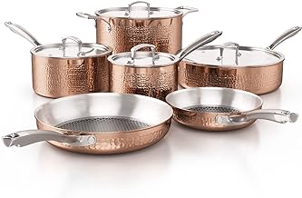 Homaz life Pots and Pans Set, Tri-Ply Stainless Steel Hammered Kitchen Cookware, Induction Compatible, Dishwasher and Oven Safe, Non-Toxic, Professional Grade Cooking Sets, 10-Piece, Rose Gold