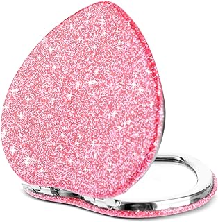 Dimeho Compact Folding Mirror Heart Shaped Mini Vanity Mirror Portable Travel Makeup Mirror for Purse Double-Sided Cute Glitter Cosmetic Mirror for Women Handbag Wallet Home Office
