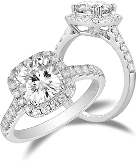 DovEggs Solid 14K White Gold Center 2ct 7.5mm G-H-I Color Cushion Cut Created Moissanite Halo Engagement Ring Bridal Sets with Accents for women