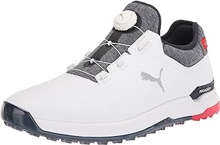 PUMA Men's Proadapt Alphacat Disc Golf Shoe, White/Navy Blazer/High Risk Red, 9