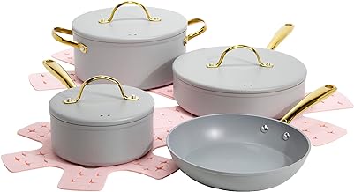 Paris Hilton Iconic Nonstick Pots and Pans Set, Multi-layer Nonstick Coating, Matching Lids With Gold Handles, Made without PFOA, Dishwasher Safe Cookware Set, 10-Piece, Light Gray