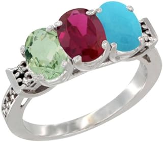 Silver City Jewelry 14K White Gold Natural Green Amethyst, Enhanced Ruby & Natural Turquoise Ring 3-Stone 7x5 mm Oval Diamond Accent, Sizes 5-10