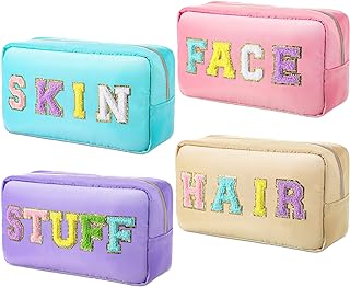Remerry 4 Pcs Nylon Cosmetic Bag Chenille Letter Cosmetic Pouch Zipper Preppy Waterproof Hair Bag with Patches Makeup Organizer Bag Set for Women (Colorful, Stuff, Face)