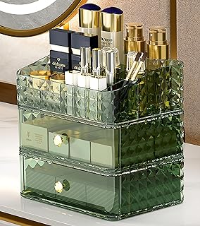 Makeup Organizer for Vanity, Large Desk Organizer with Stackable Drawers for Cosmetics, Skincare, Lipsticks, Palette, Nail Care, Ideal Storage for Dresser and Bathroom Countertop. Clear Green