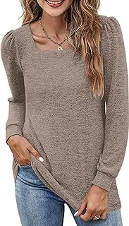 NEYOUQE Womens Puff Long Sleeve T Shirts Square Neck Loose Soft Casual Tops Fall Fashion Tees Plain Comfy Winter T-Shirt