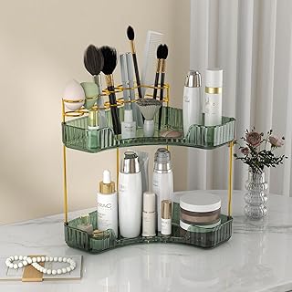 Emljkvp Makeup Organizer 2 Tier Corner Shelf Cosmetics Skincare Organizer for Bathroom Vanity Countertop, Green/Gold