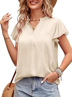 LYANER Women's Satin V Neck Ruffle Short Sleeve Shirt Top Solid Color Blouse