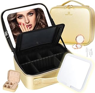 Silent Valley Makeup Bag with Light up Detachable Mirror 3 Color Scenarios Adjustable Brightness Large Cosmetic Organizer Storage Adjustable Dividers Waterproof Makeup Brushes Toiletry Gift Golden