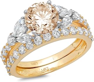 Clara Pucci 2.72ct Round Marquise Cut Solitaire 3 stone Accent Genuine Flawless Champagne Simulated Diamond Engagement Promise Statement Anniversary Bridal Wedding Ring Band set Solid 18K 2 tone Gold