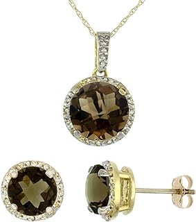Silver City Jewelry 10K Yellow Gold Diamond Natural Smoky Topaz 7mm Earrings & 11mm Pendant Round Set