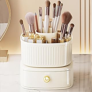 JYCHX Rotating Makeup Brush Holder Organizer, Big Capacity Spinning Cosmetic Organizer with 5 Slot and 1 Drawer for Brush, Lipstick, Office Supply, Perfect for Vanity, Bathroom Countertop, Office