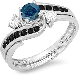 Dazzlingrock Collection 0.90 Carat (ctw) 14K Gold Round Blue, Black & White Diamond Ladies Swirl Bridal Engagement Ring Band Set