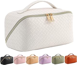 BIVIZKU Large Portable Makeup Bag Portable Travel Cosmetic Bag for Women Girls Gift Makeup Pouch Portable Zipper Bag (White-woven)