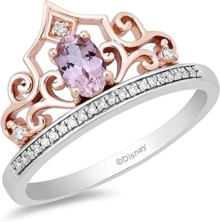 Jewelili Enchanted Disney Fine Jewelry Sterling Silver and 10K Rose Gold 1/10 Cttw Natural White Round Diamond and Pink Tourmaline Aurora Tiara Ring