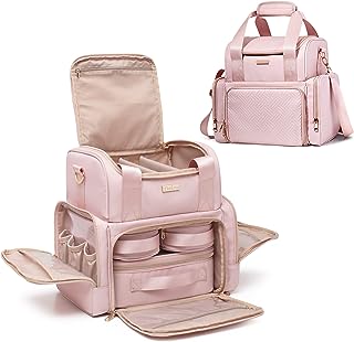 Prokva Large Makeup Cosmetic Bag with 3 Removable Case, Double Layer Travel Makeup Organizer Case with Dividers and Brushes Storage Section, Pink