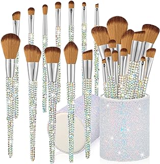 13 Pieces Rhinestone Makeup Brushes Set Bling Crystal Professional Face Cosmetics Blending Liquid Foundation Powder Concealer Eye Shadows Make up Beauty Tool Glitter with Holder (Silver, Yellow)