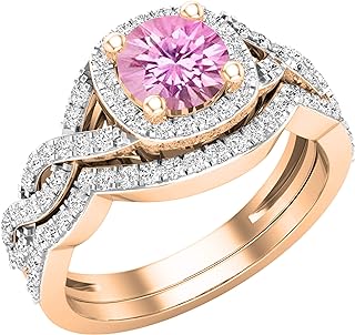 Dazzlingrock Collection 5.8 mm Round Lab Created Gemstone & Natural White Diamond Ladies Twisted Style Halo Wedding Ring Set, 18K Rose Gold
