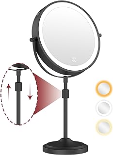 mumianshu 9" Makeup Mirror with Lights and Magnification 10X/1X, 360° Swivel Double Sided 5000 mAh Rechargeable LED Cosmetic Mirror, 3 Color Dimmable Height Adjustable Vanity Desktop Mirror Black