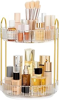 Vorey 360 Rotating Makeup Organizer with Cosmetic Brush Holder, 2 Tier Bathroom Organizer Spinning Perfume Organizers Skincare Organizers Dresser Organizer Makeup Carousel, Clear