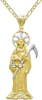 Pyramid Jewelry 14K Two Tone Gold Santa Muerte Charm Pendant Necklace - 2.5 mm White Pave Figaro Chain