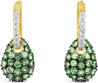 10K Yellow Gold Green Tsavorite Garnet Gemstone And Diamond 1/10 Ct Dangle Earrings For Women, Birthstone Of January.