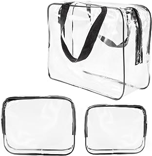 3Pcs Crystal Clear PVC Travel Toiletry Bag Kit for Women Men, Waterproof Vinyl Organizer Makeup Bags with Zipper Handle Straps, Cosmetic Bag Pouch Carry on Airport Airline Compliant Bag Handbag