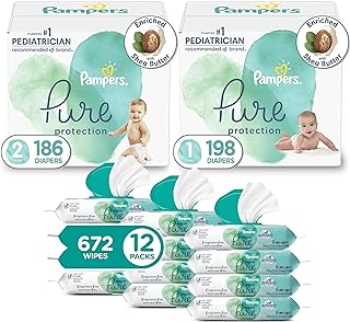 Pampers Pure Protection Disposable Baby Diapers Starter Kit (2 Month Supply), Sizes 1 (198 Count) & 2 (186 Count) with Aqua Pure Sensitive Wipes, 12X Pop-Top Packs (672 Count)