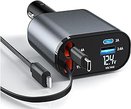 Retractable Car Charger 100W, 4 in 1 Fast Charging for iPhone Lightning and Type C Retractable Cables & 2 USB C Charging Ports,Compatible with iPhone 15/14/13/12 Pro Max XR,iPad,Samsung,Pixel